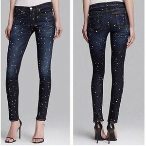 rag and bone paint splattered blue wash denim skinny low rise jeans size US 24